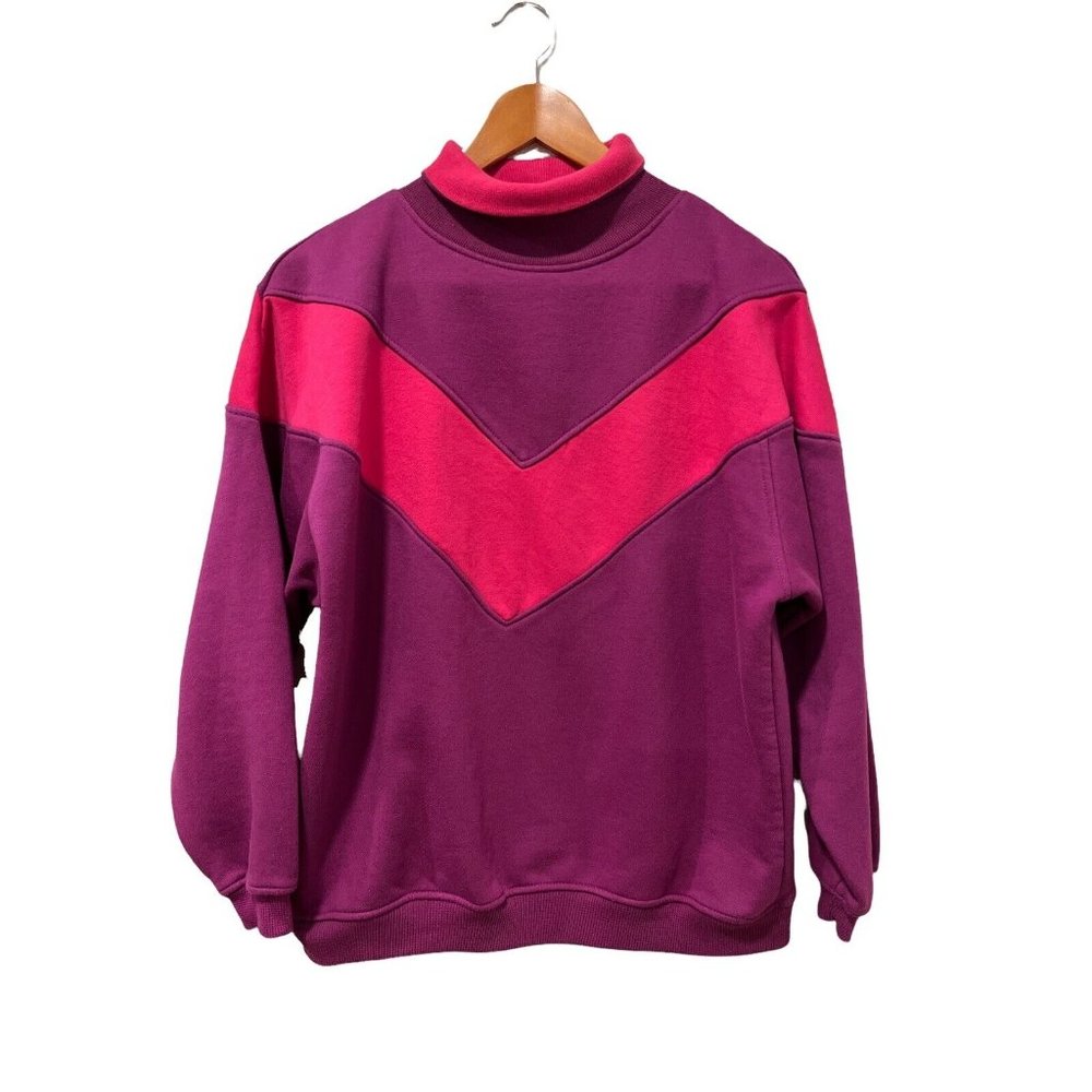 Vintage 80’s Sweatshirt Mervyns Cheetah Color Block Purple Pink Cowl Neck Large